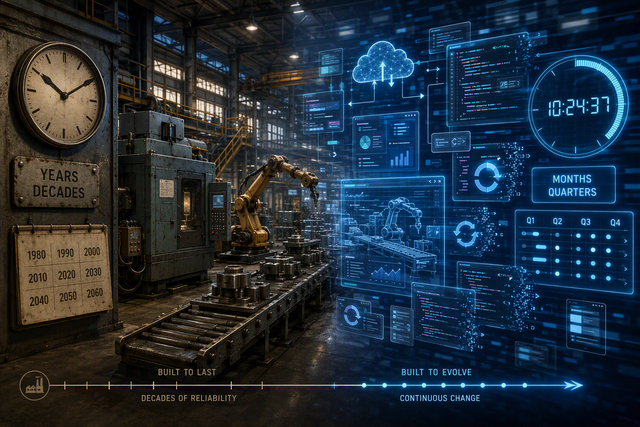 Factory machines aging slowly beside fast-changing software interfaces, illustrating that factories and software age at different speeds.